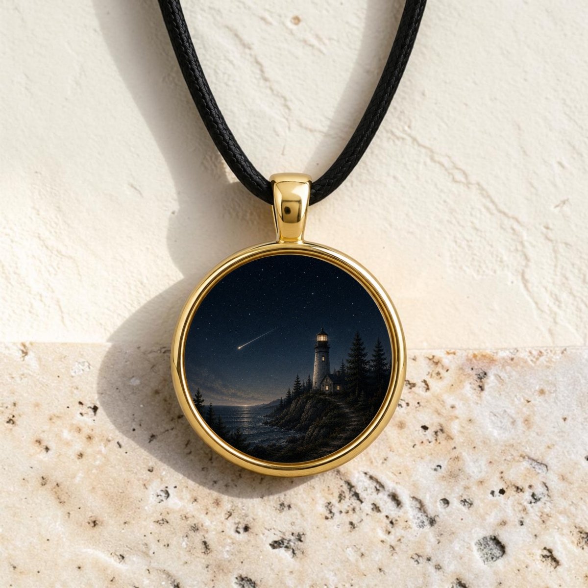Introducing the Guiding Star | Story Pendant Necklace by Mirabilia Boutique—a gold lighthouse pendant necklace with a round charm showcasing a night scene of a lighthouse, trees, and a shooting star. Displayed on a textured light stone surface, this unique star necklace is perfect for those who appreciate wearable art.