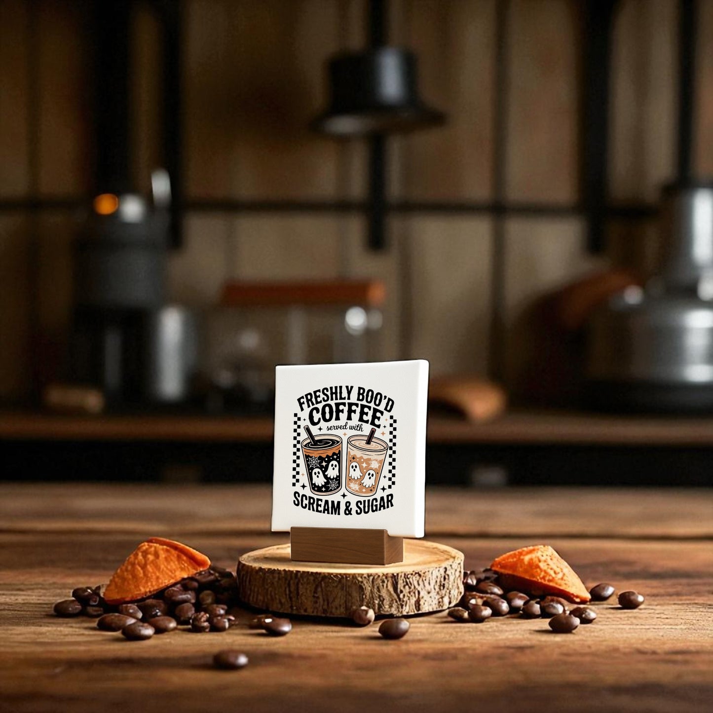 The Mirabilia Boutique Halloween Coffee Bar Sign, a mini 4x4 decor piece reading "Freshly Boo’d Coffee," is perfect for adding a spooky touch to your coffee bar or kitchen countertop.