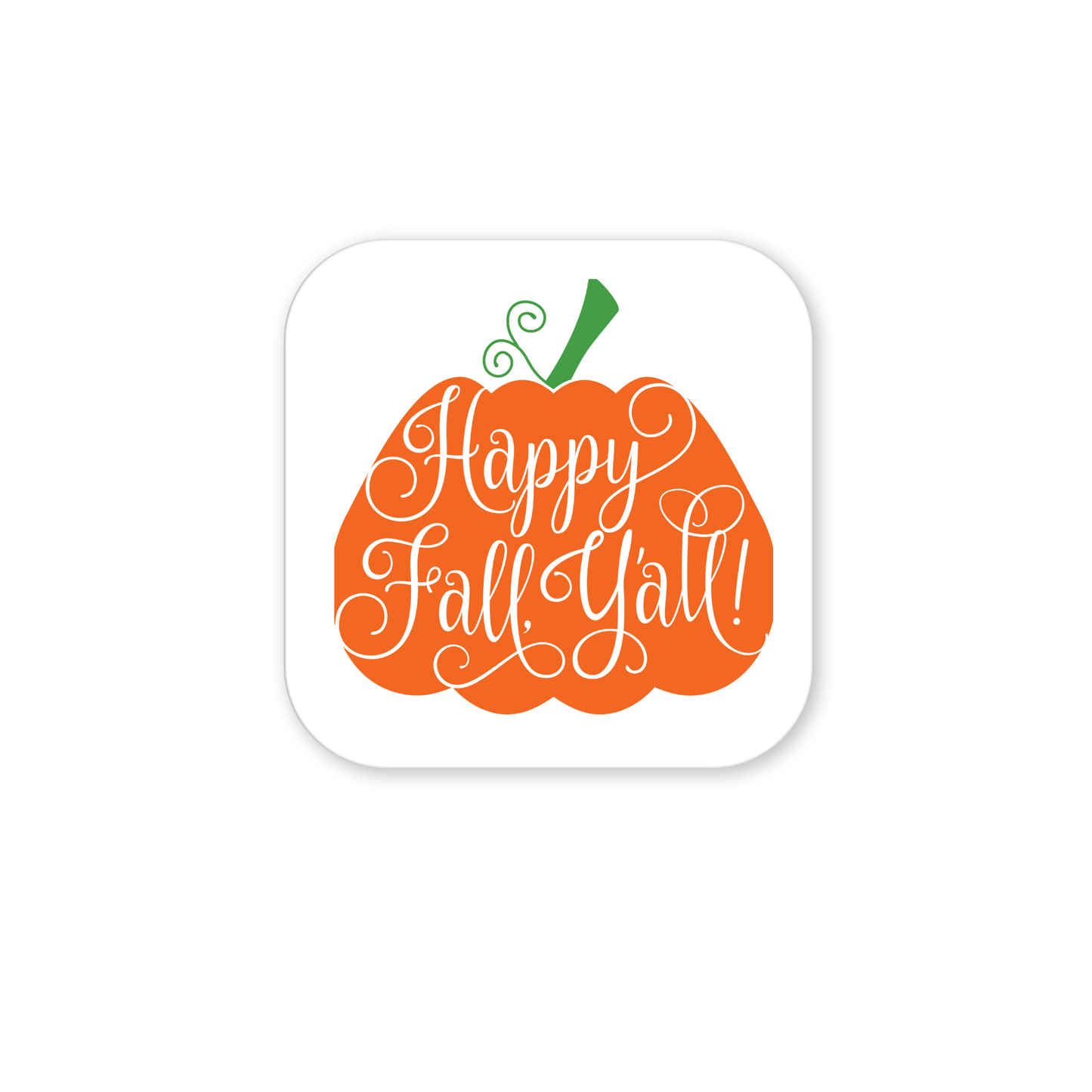 Add autumn flair to your kitchen with the Mirabilia Boutique Happy Fall Y’all Magnet—a pumpkin-shaped fall decor piece with handlettered script, green stem, and curly vine. Perfect festive accent for any fridge!.