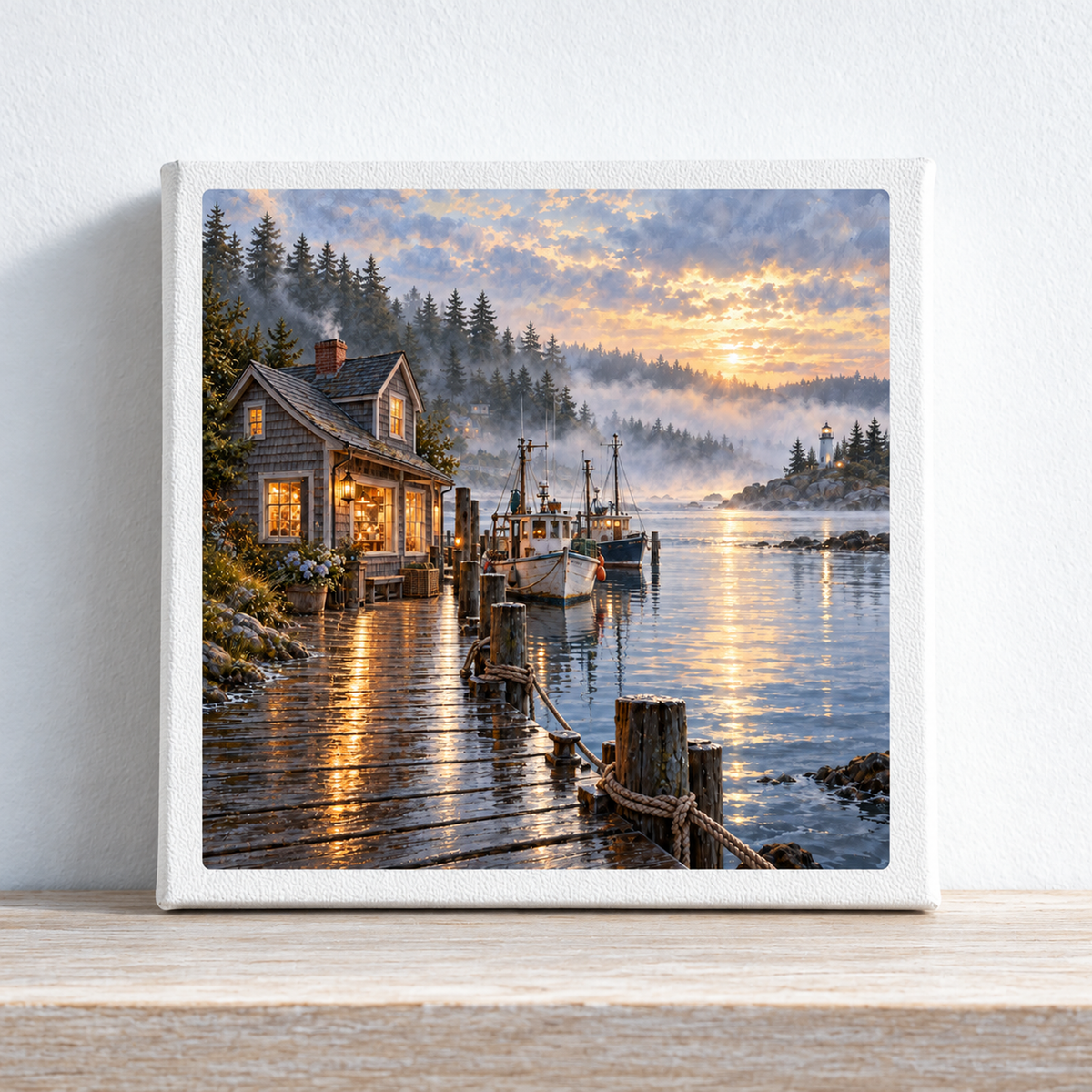 Square Harbor Before Town Wakes Canvas by Mirabilia Boutique, featuring a misty morning harbor scene with a lit cottage on a wooden dock, moored fishing boats, and a lighthouse in the distance.