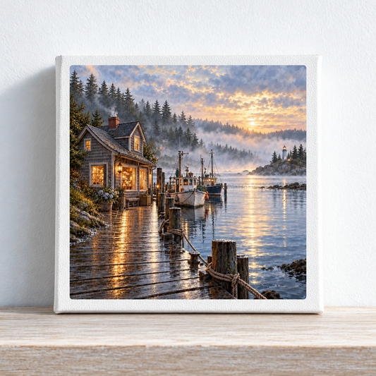 Square Harbor Before Town Wakes Canvas by Mirabilia Boutique, featuring a misty morning harbor scene with a lit cottage on a wooden dock, moored fishing boats, and a lighthouse in the distance.