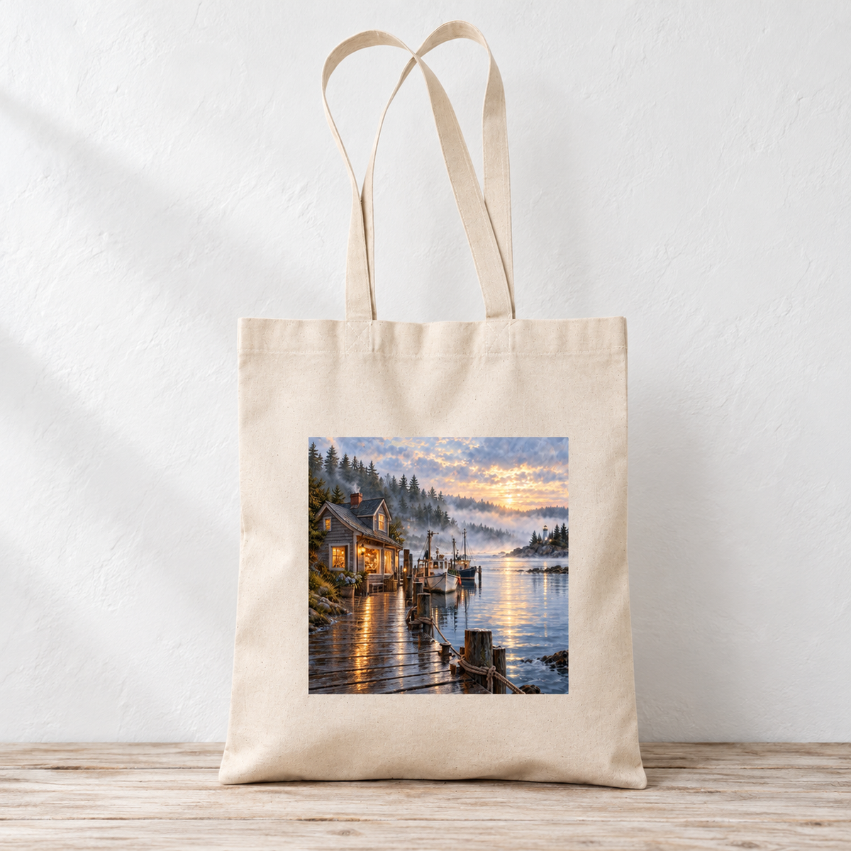 Natural canvas Harbor Before Town Wakes Tote Bag featuring a print of a coastal harbor at dawn, with a cabin, docked boats, and a lighthouse in the distance.