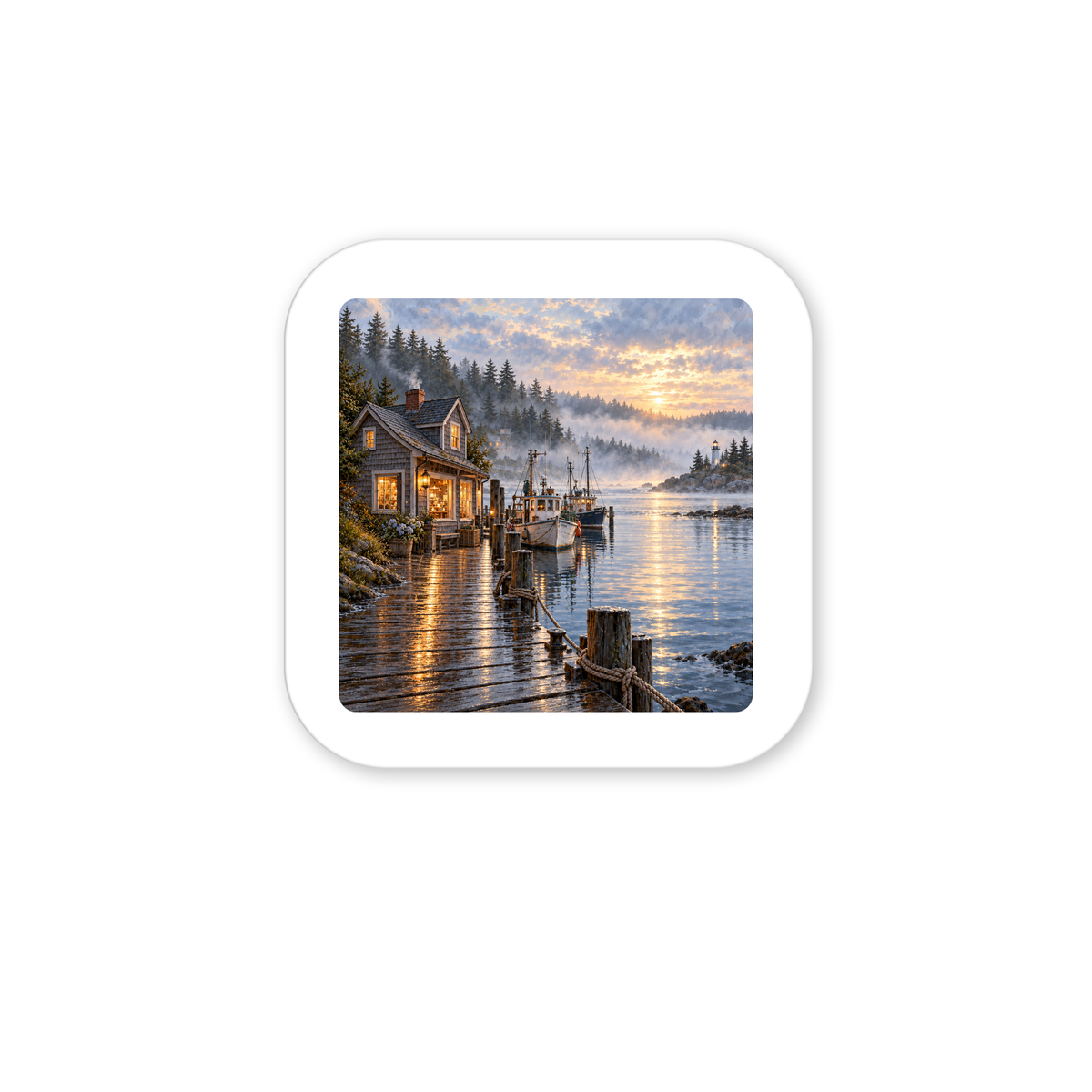 Harbor Before Town Wakes Magnet featuring a square decorative hardboard harbor scene at sunrise with a glowing cabin on a wooden pier, fishing boats, and a distant lighthouse in the fog.