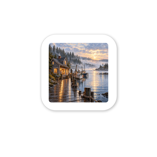 Harbor Before Town Wakes Magnet featuring a square decorative hardboard harbor scene at sunrise with a glowing cabin on a wooden pier, fishing boats, and a distant lighthouse in the fog.
