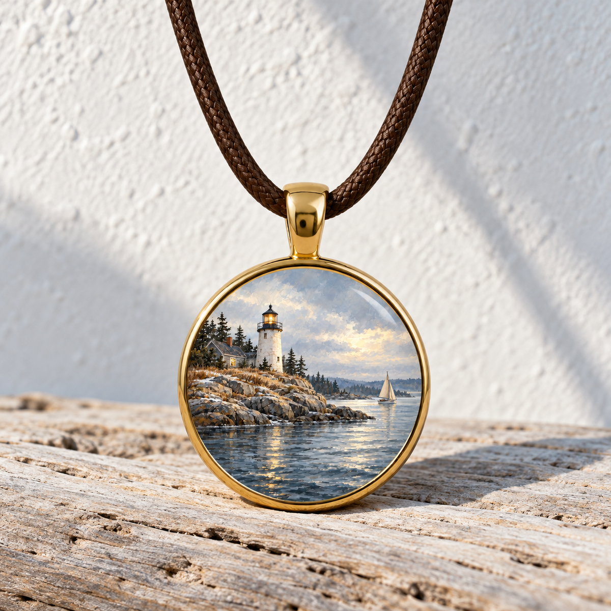 A round gold Harbor Light | Story Pendant Necklace on a brown cord, featuring a miniature painting of a rocky coast and a sailboat.