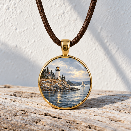 A round gold Harbor Light | Story Pendant Necklace on a brown cord, featuring a miniature painting of a rocky coast and a sailboat.