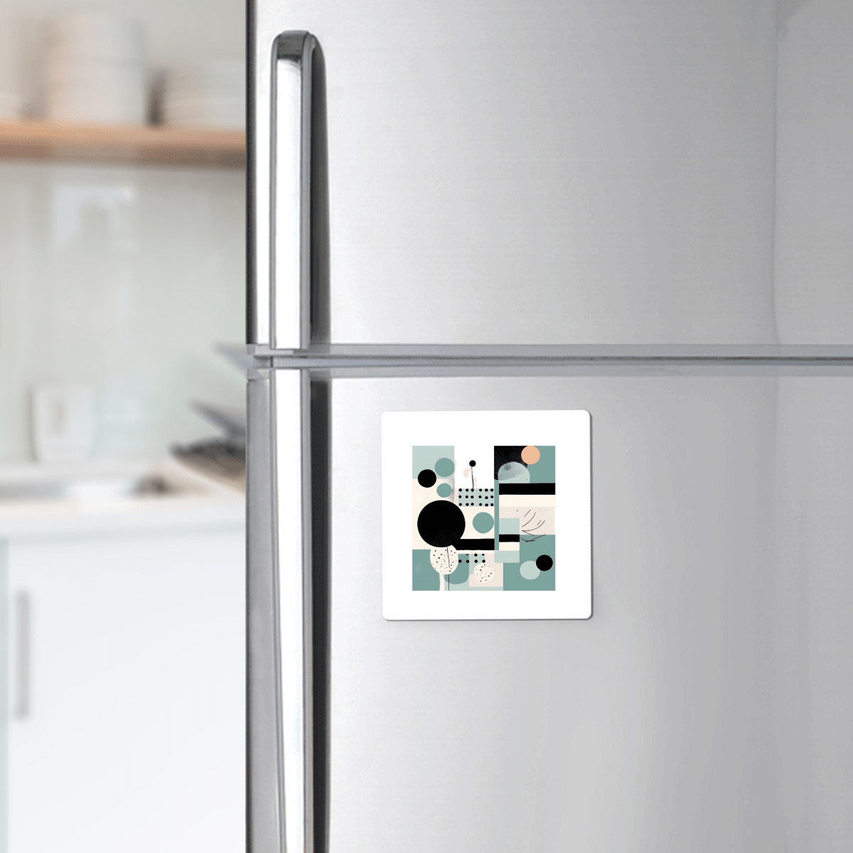 A modern stainless steel refrigerator displays the Harbor Morning Mid Century Modern Magnet by Mirabilia Boutique, featuring geometric shapes and muted colors, in a bright kitchen.