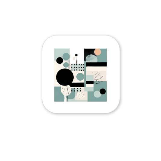 The Harbor Morning Mid Century Modern Magnet by Mirabilia Boutique features abstract geometric rectangles and circles in muted blue, black, white, and beige—a perfect coastal spring accent for any space.