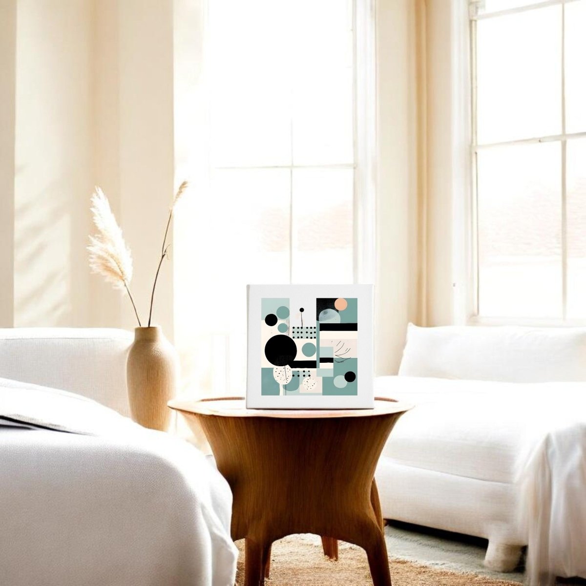 A bright, airy living room with large windows, white sofas, a round wooden table, a vase with pampas grass, and the "Harbor Morning Mid Century Modern Canvas" by Mirabilia Boutique featuring soft geometric shapes.