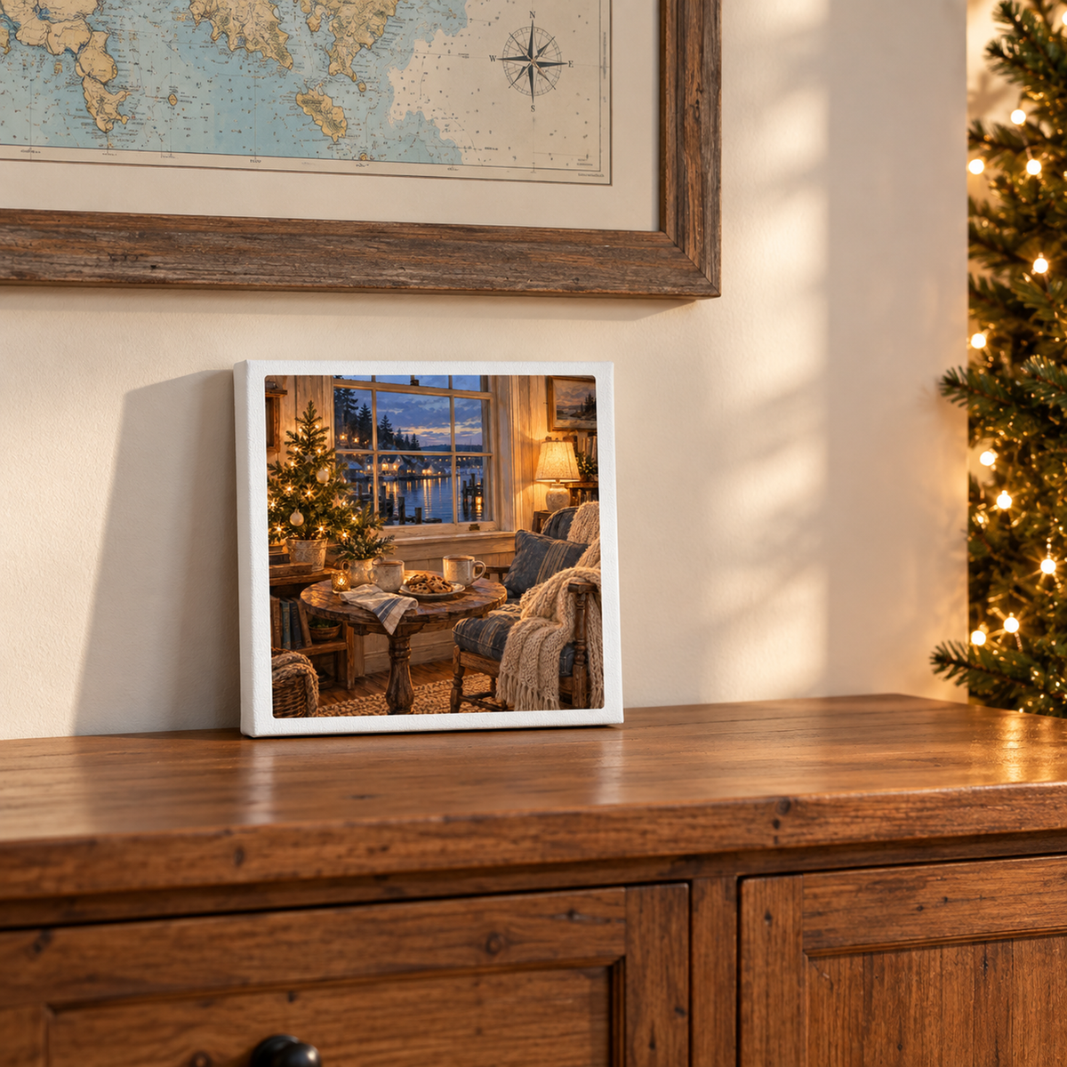The Warm Room Canvas by Mirabilia Boutique sits on a wooden dresser, depicting a coastal cottage interior with a decorated Christmas tree and a harbor view at twilight.
