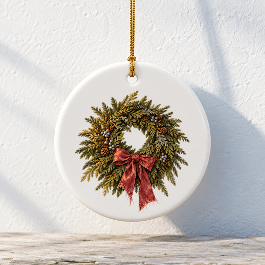 The Harbor Door Wreath Ornament is a round white ceramic Christmas ornament featuring a printed wreath of evergreen branches, pinecones, and berries with a red ribbon tied at the bottom, hanging by a gold cord.