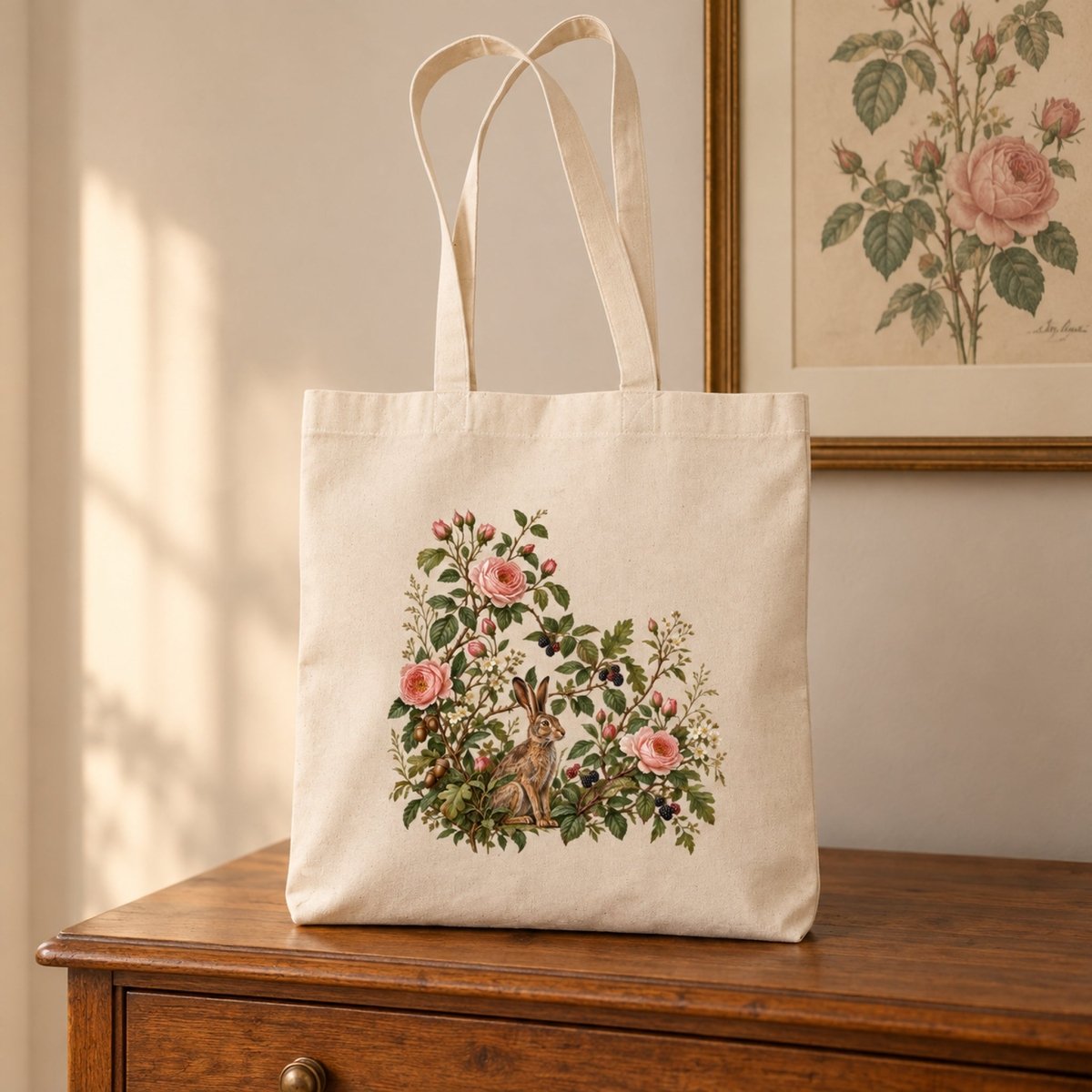 A Hedgerow Walk Hare Tote Bag by Mirabilia Boutique, featuring a printed illustration of a hare surrounded by pink roses, berries, and green foliage on a floral canvas bag.