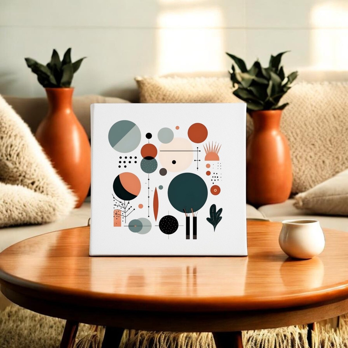 A modern living room with neutral tones features a round wooden coffee table, Mirabilia Boutique's Harvest Sun Mid Century Modern Canvas artwork, a small white cup, and two orange vases with green plants in the background.