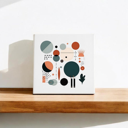 The Harvest Sun Mid Century Modern Canvas by Mirabilia Boutique features abstract geometric shapes in muted green, orange, and black tones, resting on a wooden shelf against a white wall and casting a soft shadow.