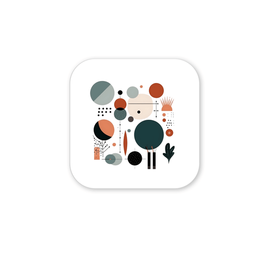 Add a mid-century touch with the Harvest Sun Mid Century Modern Magnet by Mirabilia Boutique—minimalist geometric shapes in muted orange, green, black, and beige on a white square with rounded corners and subtle shadow. Perfect for autumn decor.