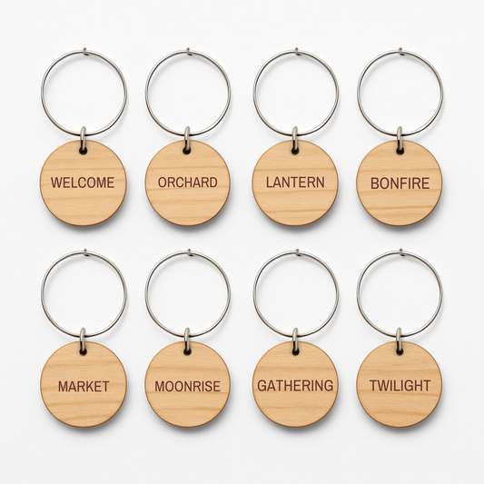 Set of eight engraved wooden charms—WELCOME, ORCHARD, LANTERN, BONFIRE, MARKET, MOONRISE, GATHERING, and TWILIGHT—from Mirabilia Boutique’s Haunted Harvest Rustic Wine Charms Set. Displayed in two rows on a white background; ideal as wine charms or a unique host gift for autumn gatherings.