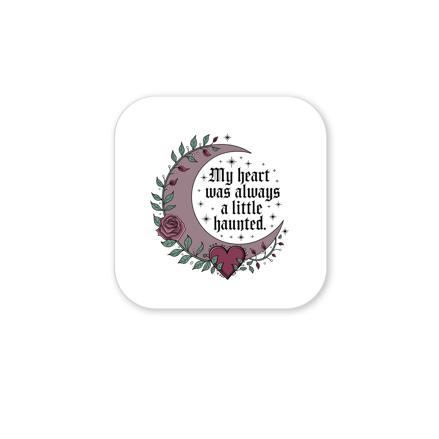 The Mirabilia Boutique Gothic Fridge Magnet features a haunted heart crescent moon design with roses and gothic text—perfect for Halloween or adding unique gothic flair to your home decor.