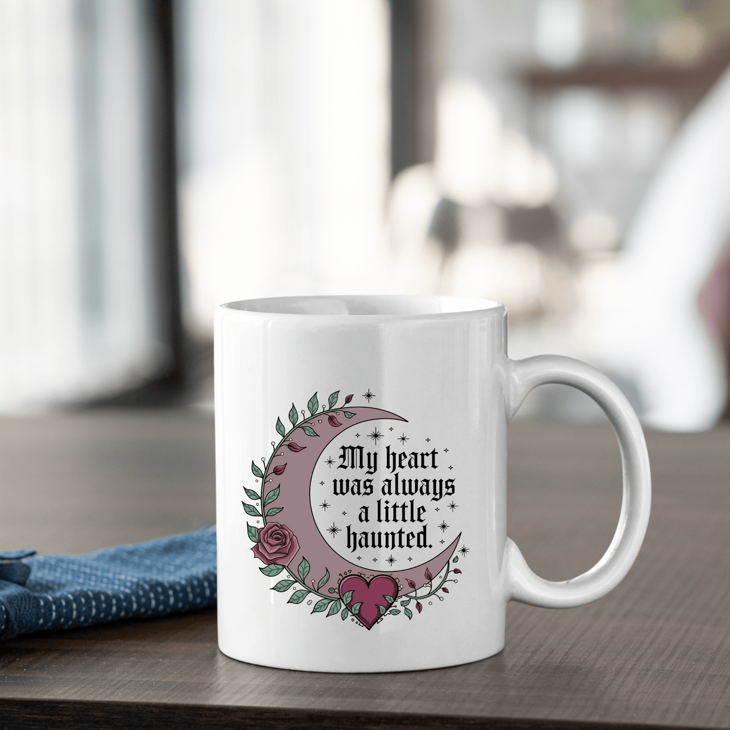 The Gothic Mug | My Heart Was Always a Little Haunted by Mirabilia Boutique features a white design with a moon and pink heart—perfect for dark romance fans.