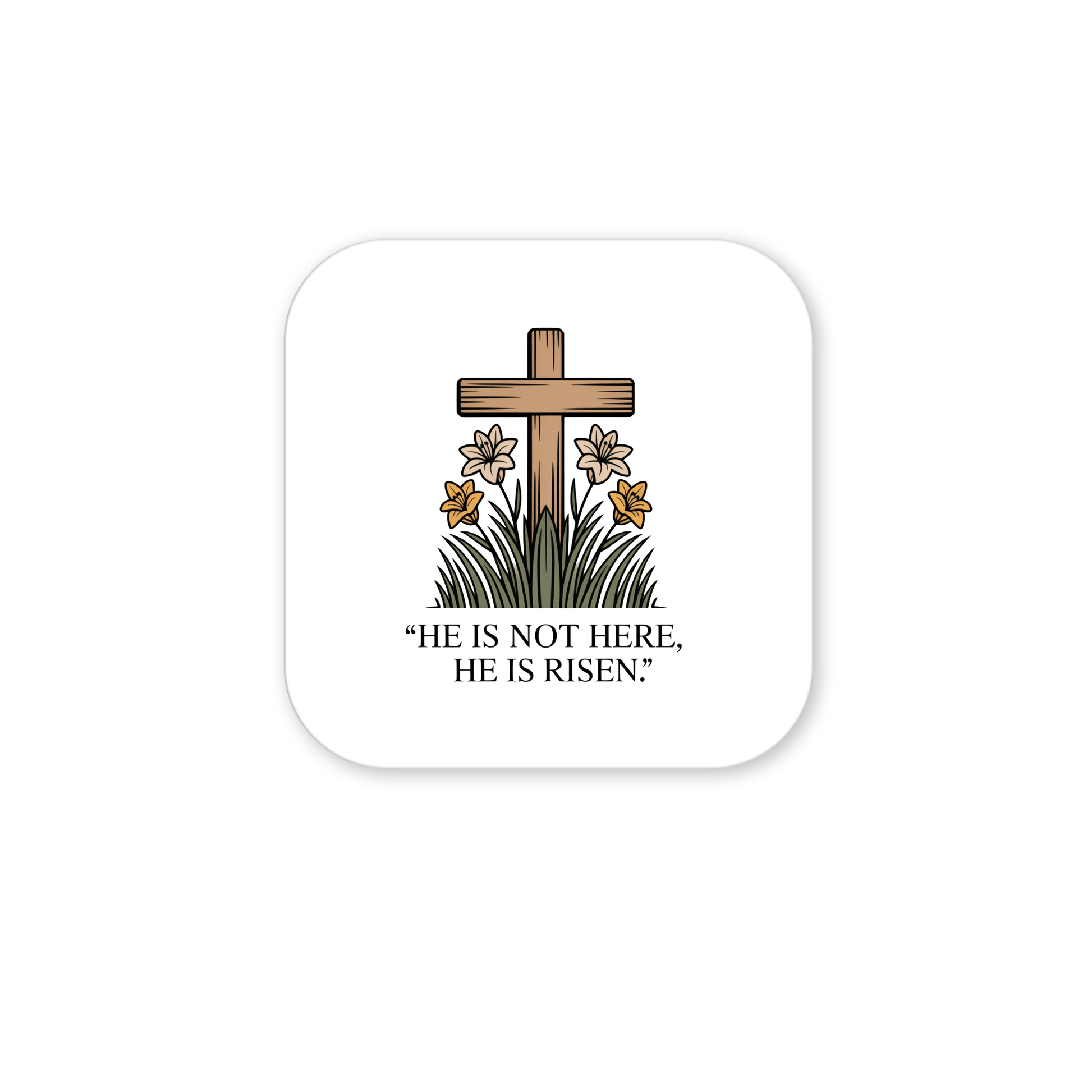 An illustration of a wooden cross stands behind lilies and grass with the text “HE IS NOT HERE, HE IS RISEN!”—the perfect He Is Risen Easter Magnet – Cross & Lily Scripture Art by Mirabilia Boutique for celebrating the resurrection.