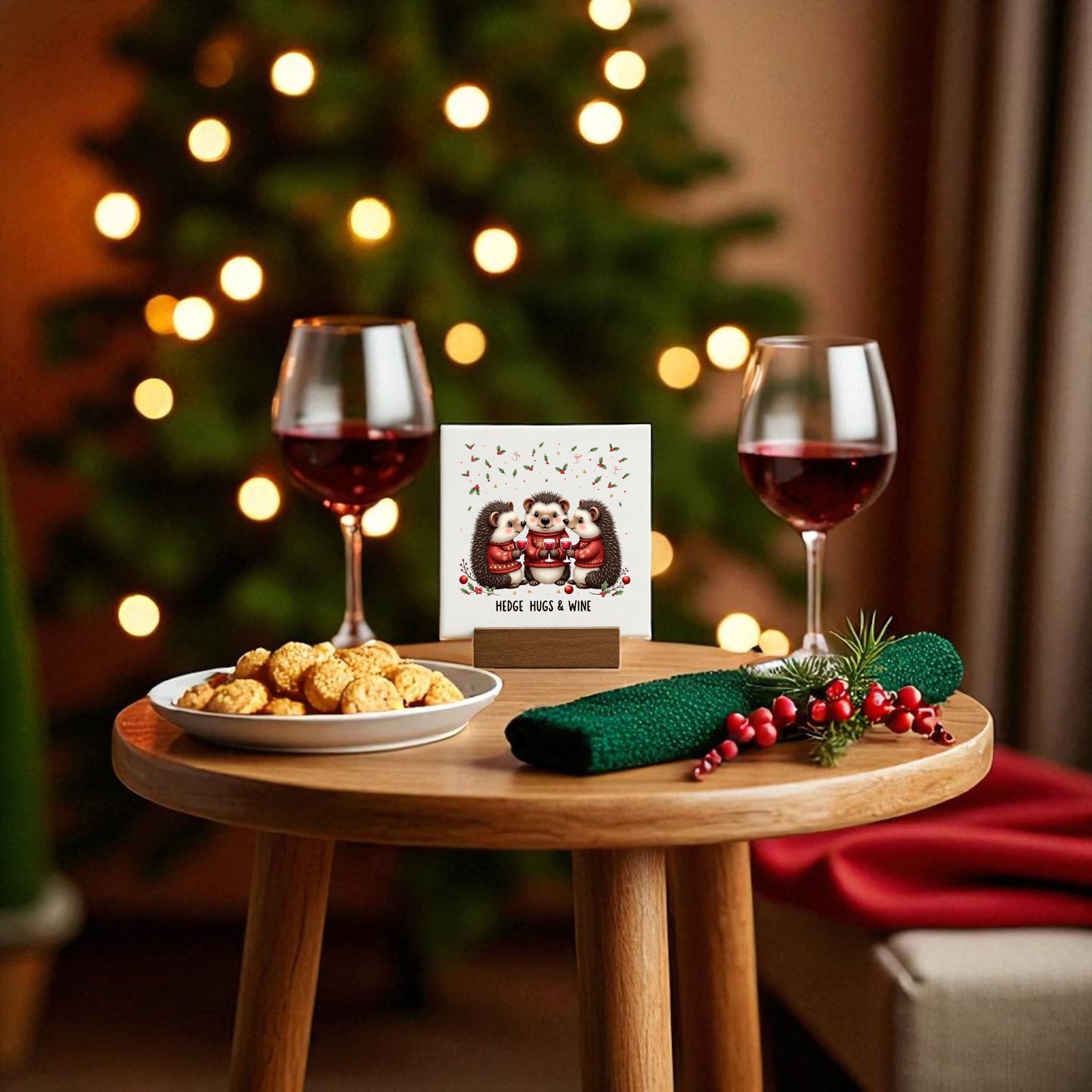 The Hedge Hugs & Wine Canvas Sign (4x4) by Mirabilia Boutique sits in front of a blurred Christmas tree, styled with festive cookies and wine—an ideal holiday gift for wine lovers or fans of cozy hedgehog decor.