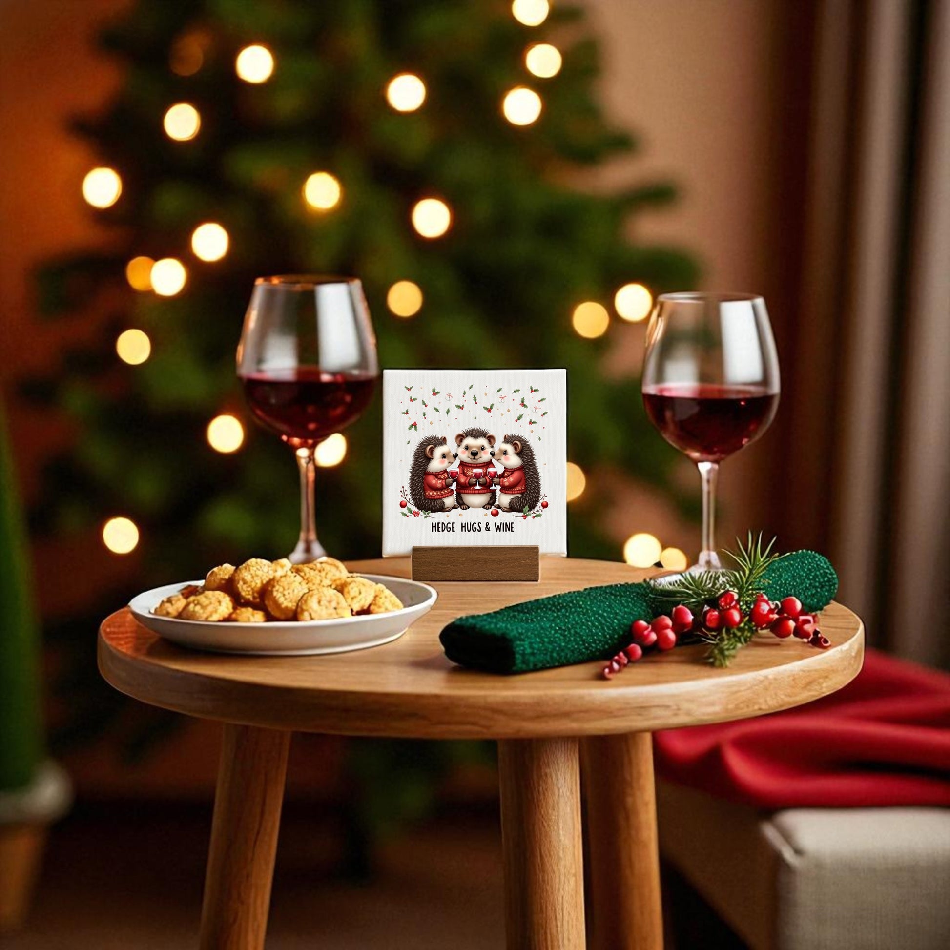 The Hedge Hugs & Wine Canvas Sign (4x4) by Mirabilia Boutique sits in front of a blurred Christmas tree, styled with festive cookies and wine—an ideal holiday gift for wine lovers or fans of cozy hedgehog decor.