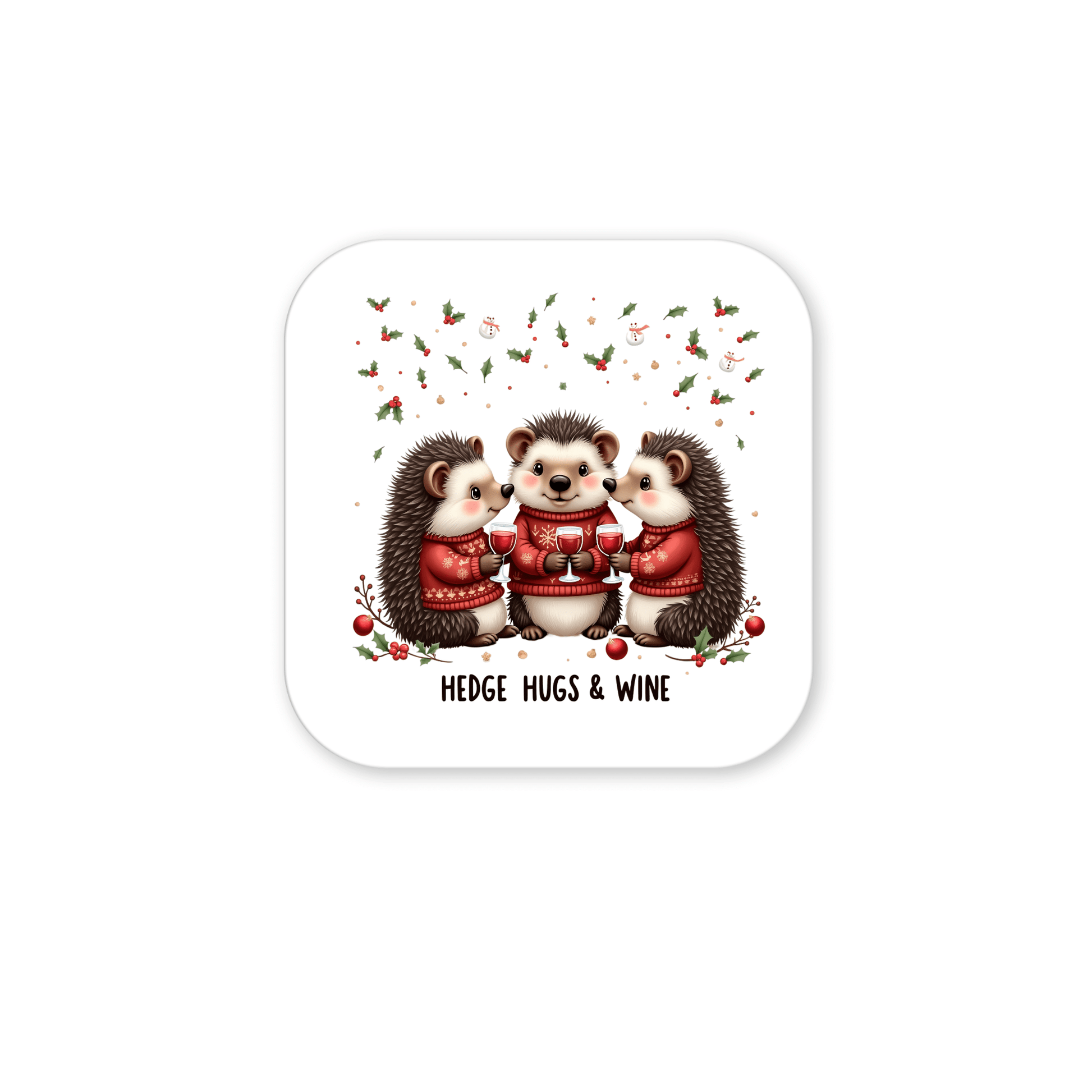 The Mirabilia Boutique Hedge Hugs & Wine Magnet features three hedgehogs in red sweaters with wine glasses, festive holly, and "Hedge Hugs & Wine" text—a funny holiday gift for wine lovers.
