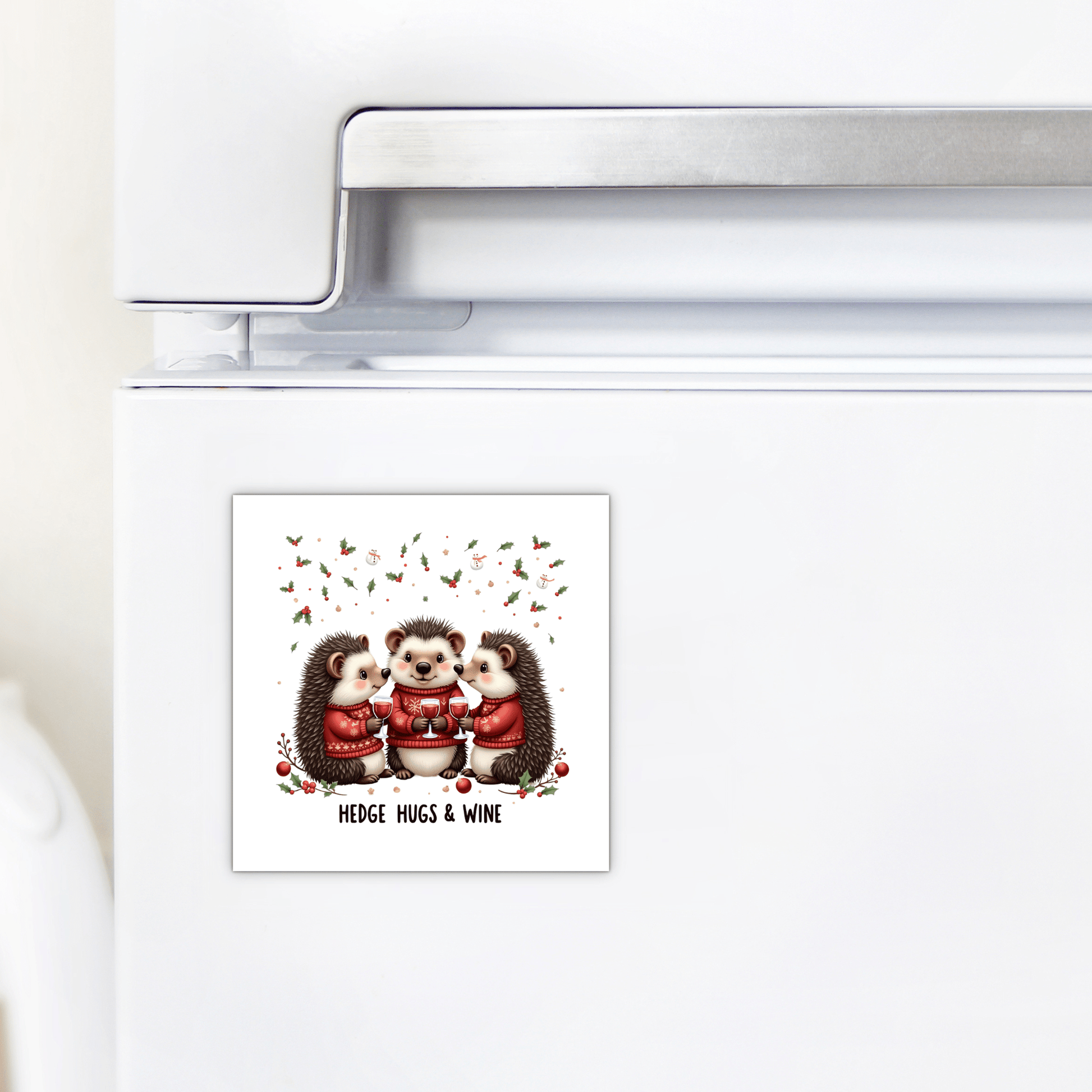 The Mirabilia Boutique Hedge Hugs & Wine Magnet is a funny holiday gift for wine lovers, featuring three cartoon hedgehogs in red sweaters with wine glasses and festive decor.