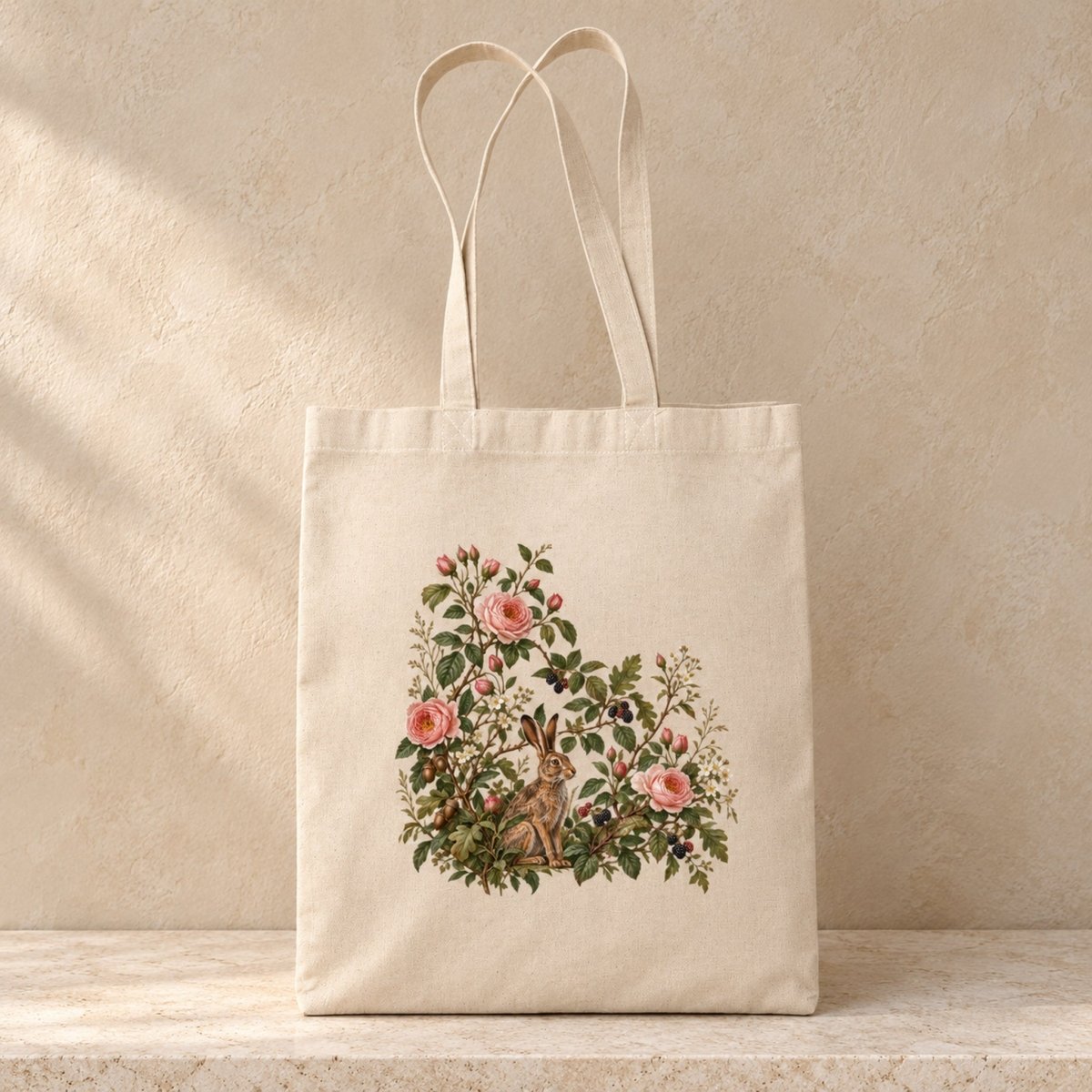 Hedgerow Walk Hare Tote Bag by Mirabilia Boutique featuring an off-white canvas bag with a botanical illustration of a hare surrounded by pink roses, berries, and green foliage.