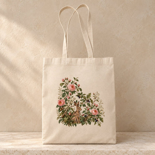 Hedgerow Walk Hare Tote Bag by Mirabilia Boutique featuring an off-white canvas bag with a botanical illustration of a hare surrounded by pink roses, berries, and green foliage.