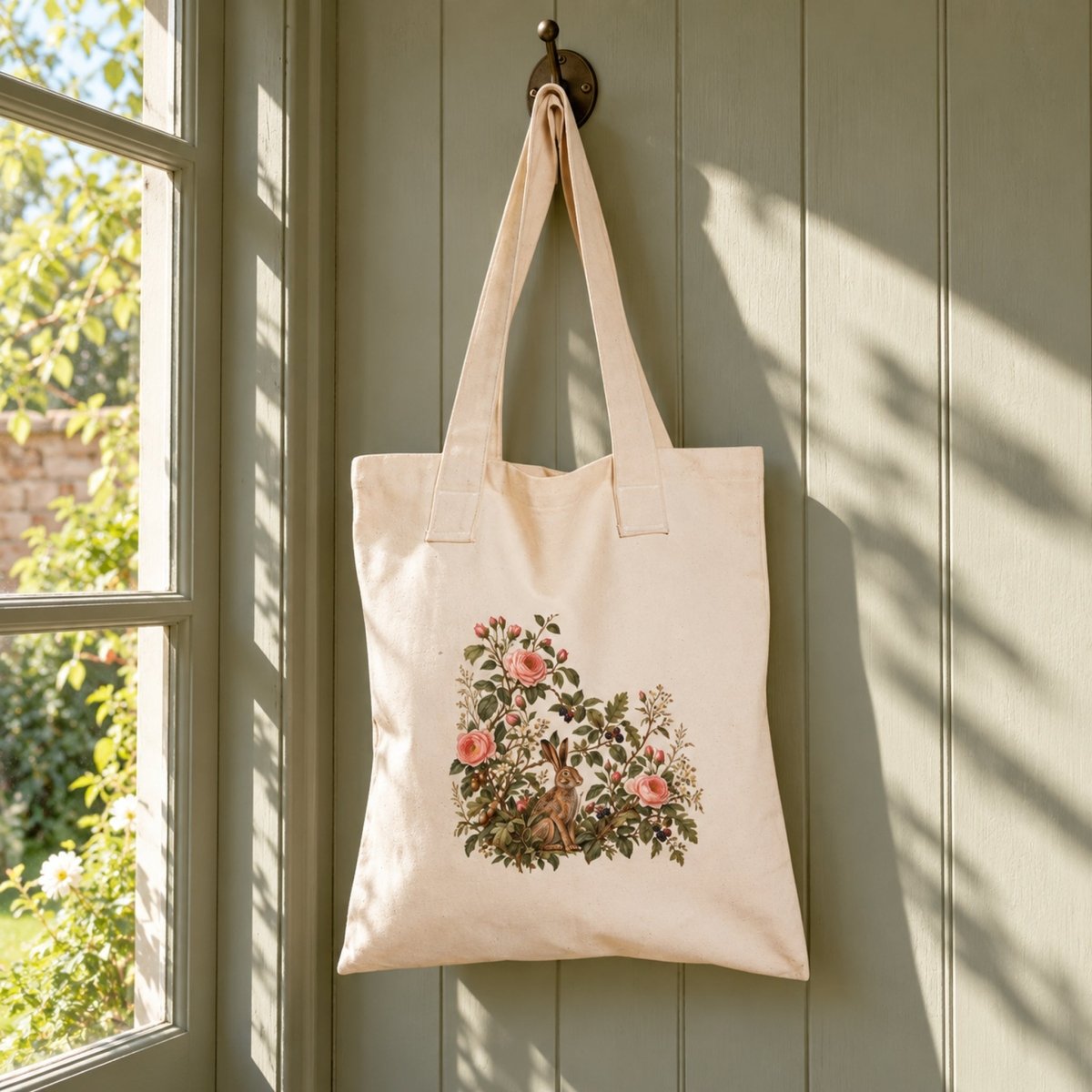 Hedgerow Walk Hare Tote Bag by Mirabilia Boutique, an off-white canvas bag featuring a botanical illustration of a hare surrounded by pink roses and foliage, hanging on a wall hook.