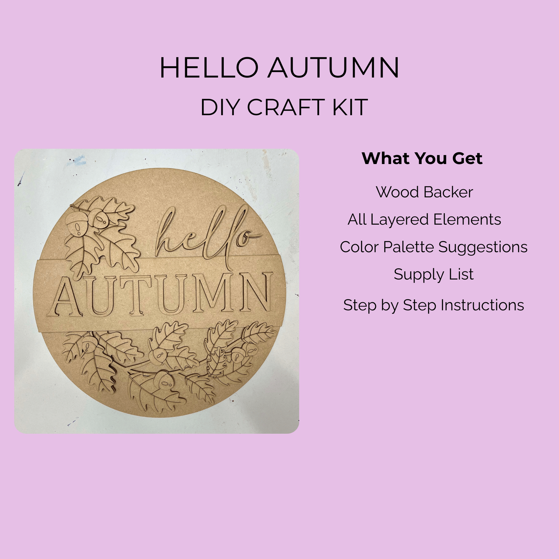 Mirabilia Boutique's Hello Autumn DIY Wall Sign Kit lets you paint your own fall decor. Includes wood backer, all layered elements, color palette suggestions, supply list, and step-by-step instructions—perfect for autumn decorating!.