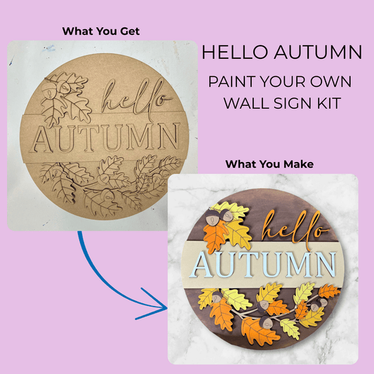 The Hello Autumn DIY Wall Sign Kit by Mirabilia Boutique is shown unpainted on the left, featuring engraved leaves and text. On the right, the painted “Paint Your Own Fall Decor” sign highlights vibrant autumn details.