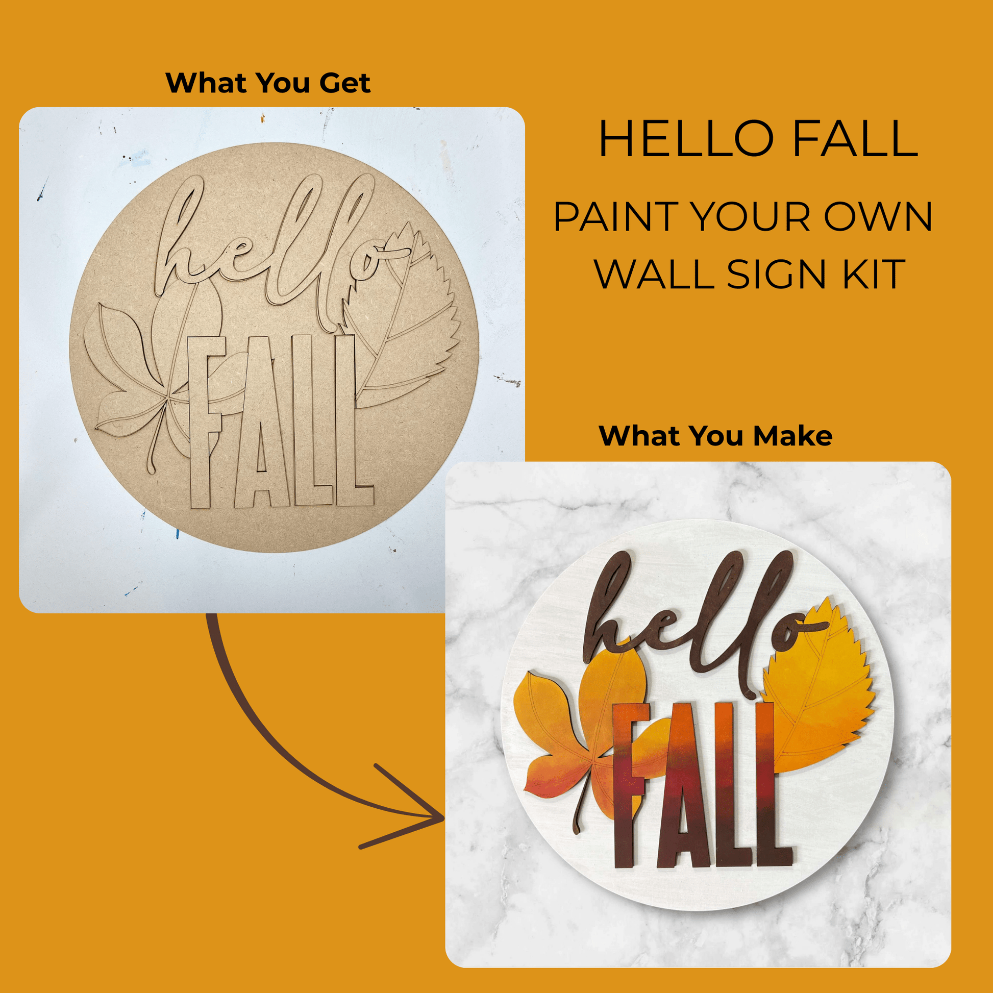 Two images display the Mirabilia Boutique "Hello Fall Paint Kit"—a DIY autumn wall sign. One shows the unpainted kit with leaf outlines; the other reveals the finished piece, decorated with colorful leaves on a white background.