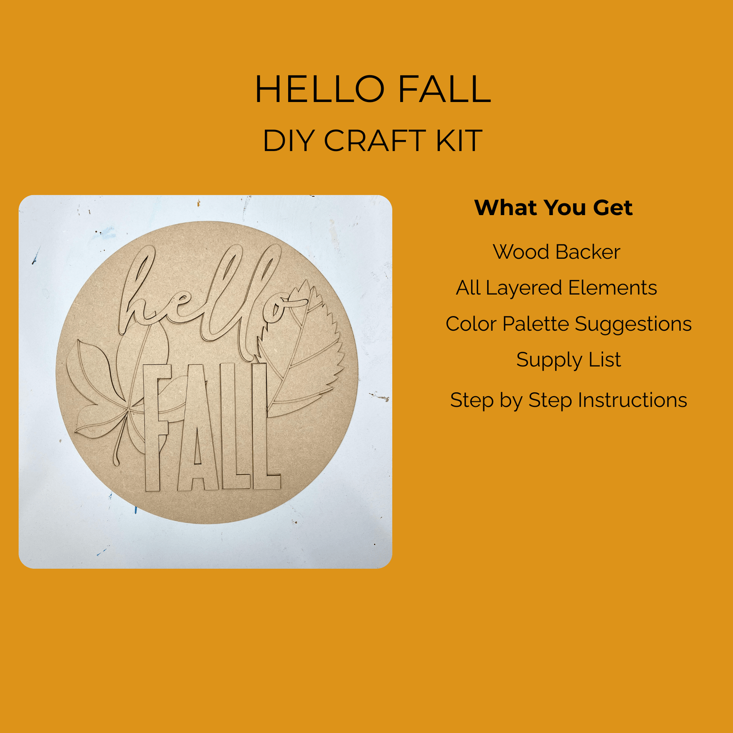 Create your own autumn wall sign with the Hello Fall Paint Kit by Mirabilia Boutique—features a wood backer with layered text and leaves, plus a listed kit contents on an orange background. Perfect for seasonal DIY decor projects.