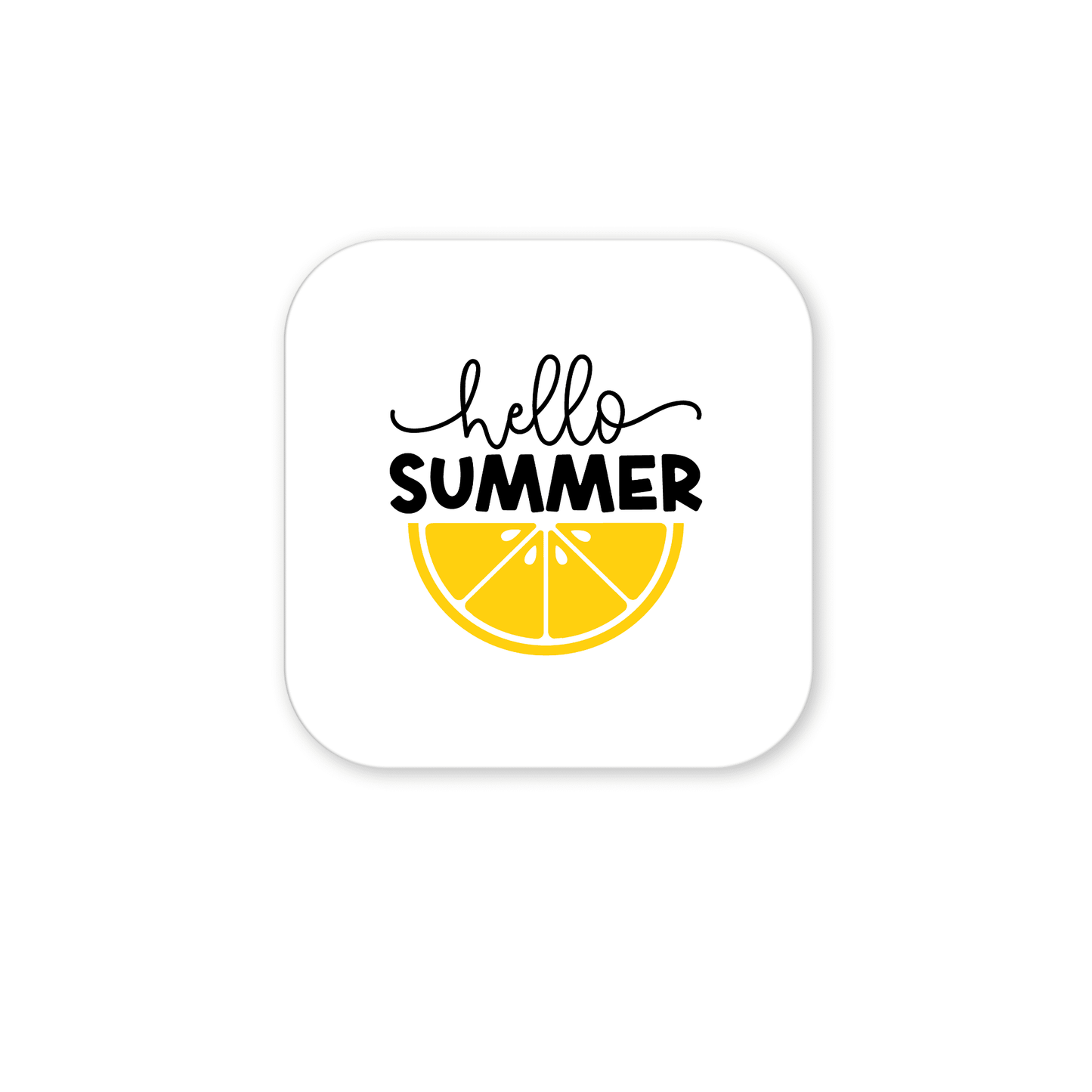 The Hello Summer Lemon Magnet by Mirabilia Boutique features "hello SUMMER" text above a yellow lemon slice on a white rounded square—bold citrus fridge art, perfect for a cheerful kitchen or summer decor.
