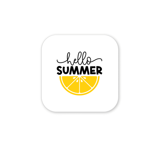 The Hello Summer Lemon Magnet by Mirabilia Boutique features "hello SUMMER" text above a yellow lemon slice on a white rounded square—bold citrus fridge art, perfect for a cheerful kitchen or summer decor.