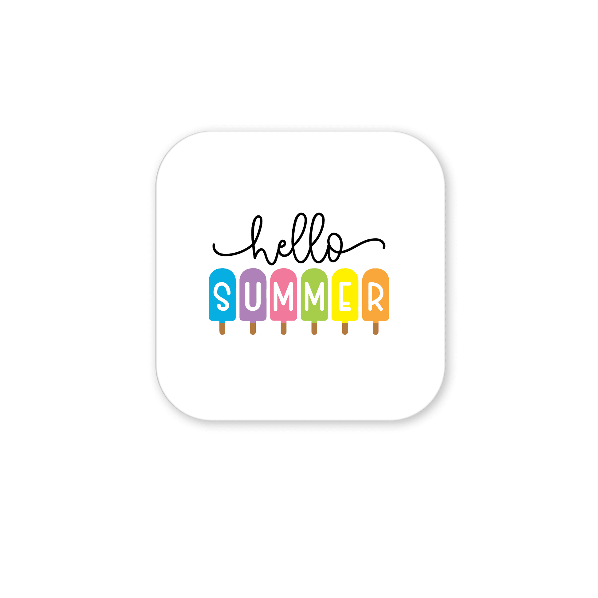 Add a cheerful touch to your kitchen with the Hello Summer Popsicle Magnet by Mirabilia Boutique, featuring "hello" in handwritten script and "summer" on rainbow popsicles—a perfect fridge accessory for vibrant seasonal decor.
