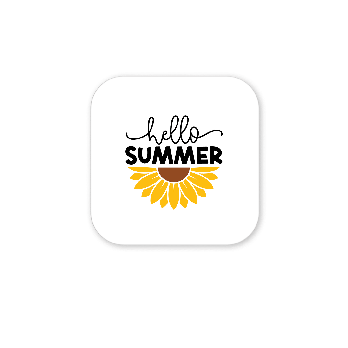 Mirabilia Boutique's Hello Summer Sunflower Magnet – Bright Floral Fridge Art features "hello SUMMER" above a yellow sunflower on a white square with rounded corners, making it the perfect cheerful summer gift for any space.