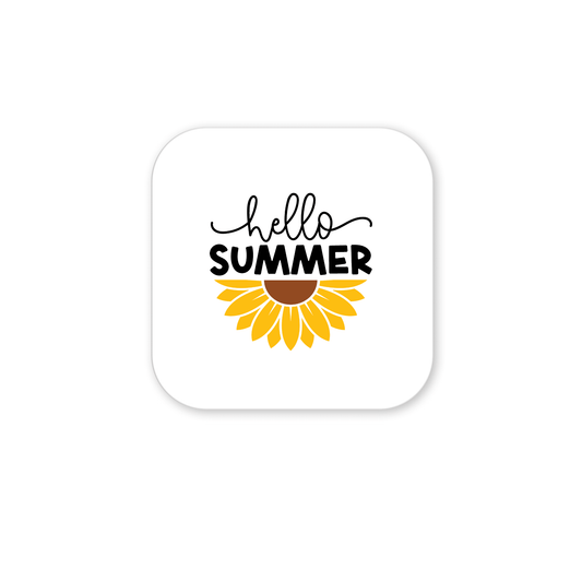 Mirabilia Boutique's Hello Summer Sunflower Magnet – Bright Floral Fridge Art features "hello SUMMER" above a yellow sunflower on a white square with rounded corners, making it the perfect cheerful summer gift for any space.