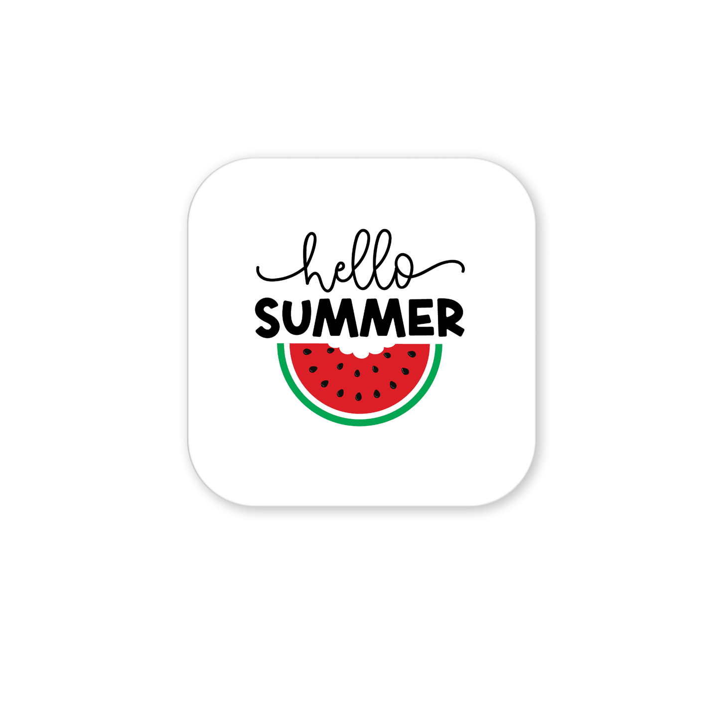 Add cheerful summer vibes to your fridge with the Hello Summer Watermelon Magnet – Juicy Seasonal Fridge Art by Mirabilia Boutique, featuring "hello SUMMER" above a watermelon slice on a white, rounded square background.