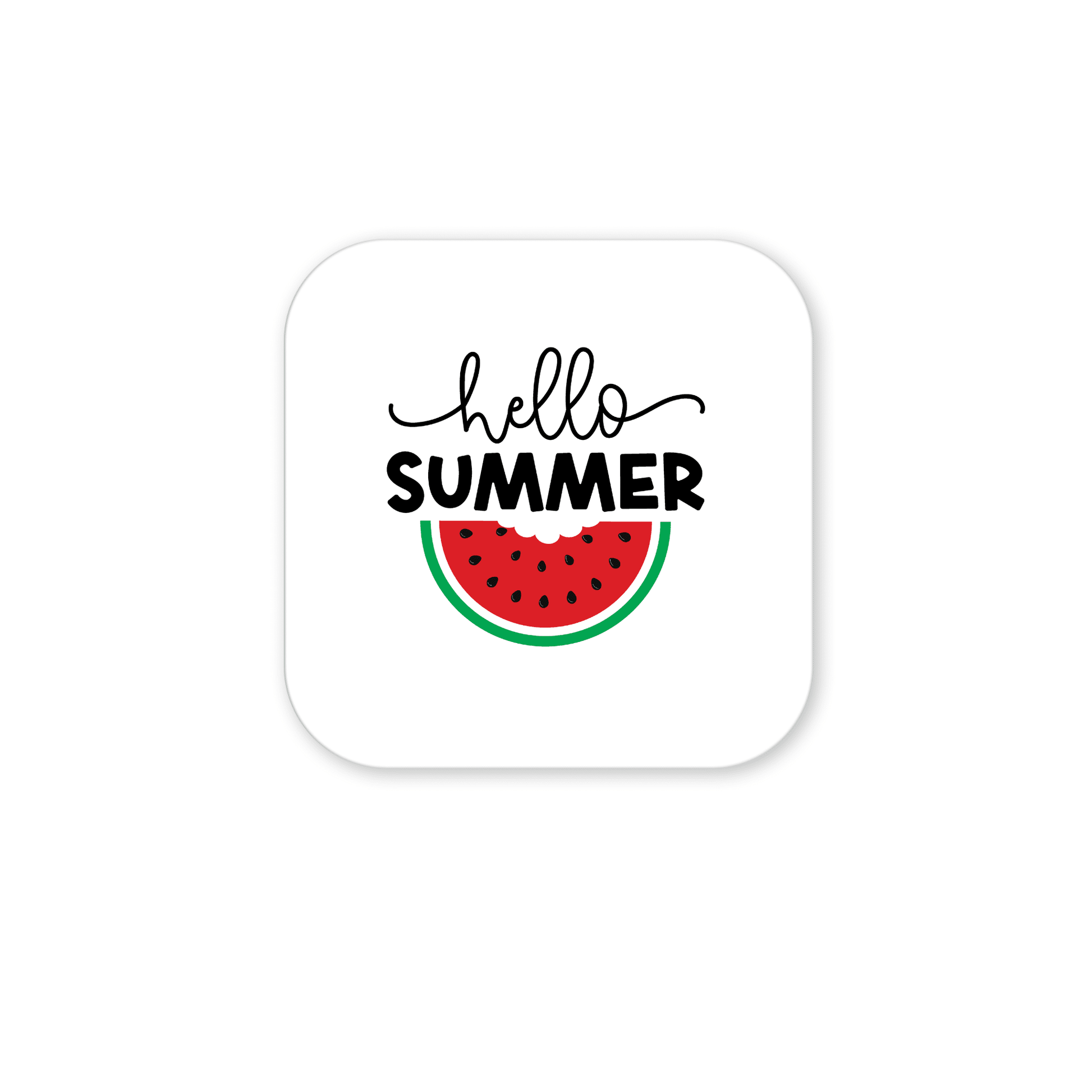 Add cheerful summer vibes to your fridge with the Hello Summer Watermelon Magnet – Juicy Seasonal Fridge Art by Mirabilia Boutique, featuring "hello SUMMER" above a watermelon slice on a white, rounded square background.
