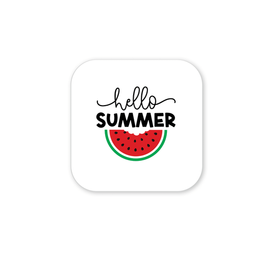 Add cheerful summer vibes to your fridge with the Hello Summer Watermelon Magnet – Juicy Seasonal Fridge Art by Mirabilia Boutique, featuring "hello SUMMER" above a watermelon slice on a white, rounded square background.