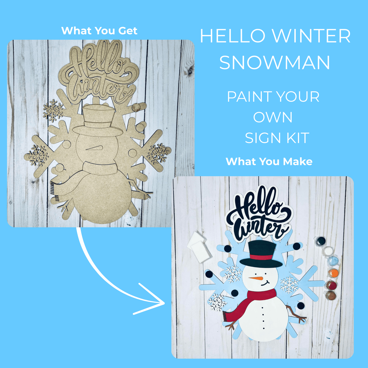 Create a cozy winter vibe with the Hello Winter Snowman DIY Kit by Mirabilia Boutique. Paint your own wooden sign featuring an unpainted snowman cutout with ‘Hello Winter’ text and a painted example for inspiration.