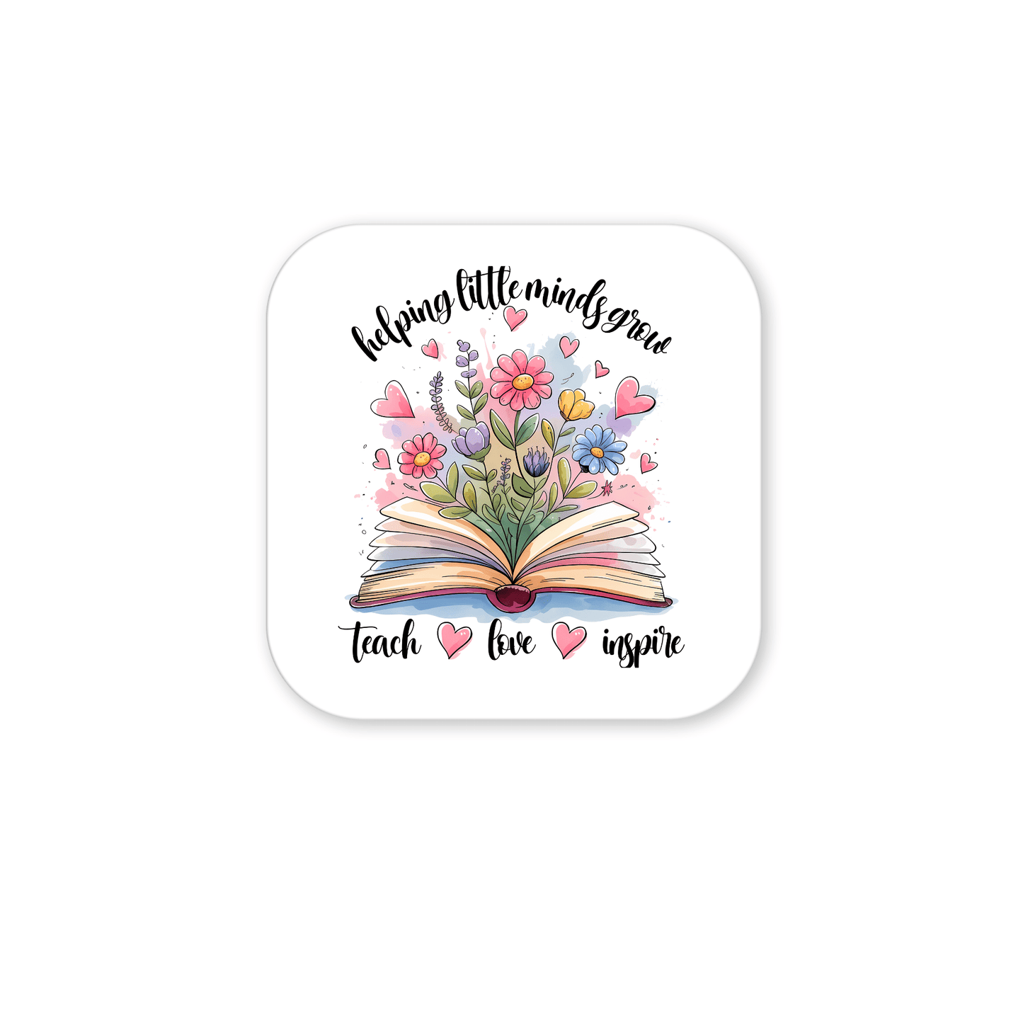 The Helping Little Minds Grow Magnet by Mirabilia Boutique features floral book art with the phrases "helping little minds grow" and "teach ♥ love ♥ inspire." A charming teacher gift or decorative magnet to show your appreciation.