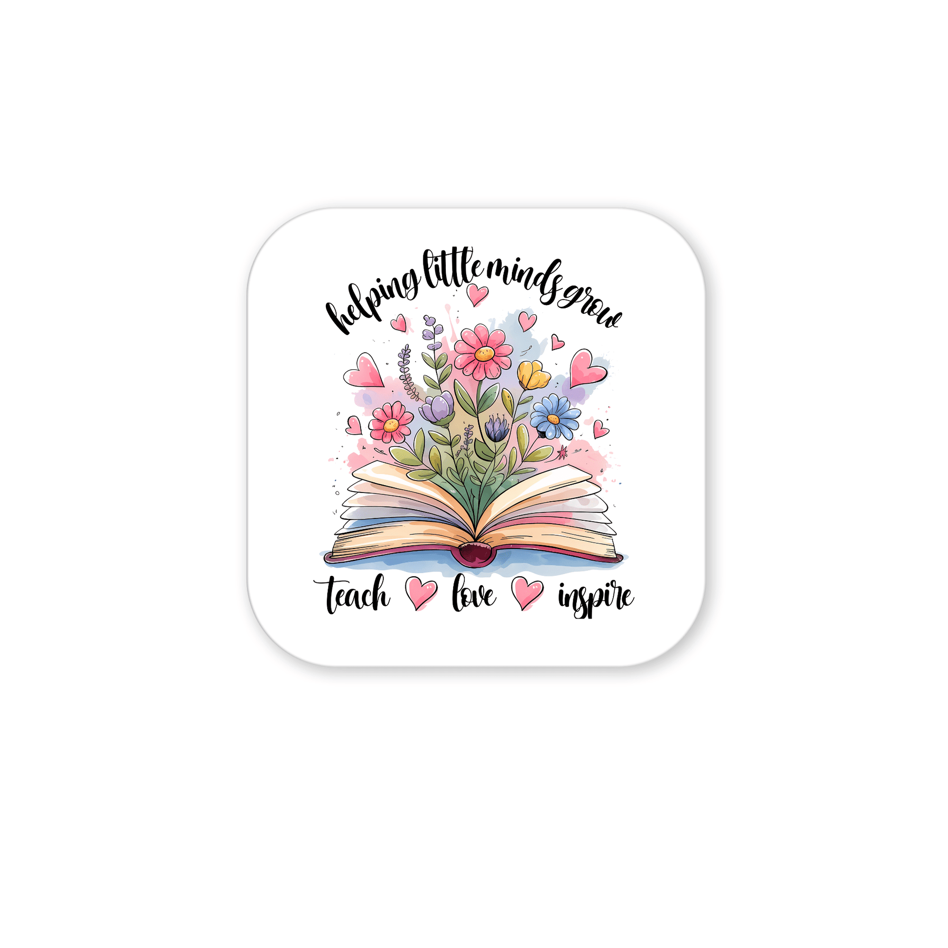 The Helping Little Minds Grow Magnet by Mirabilia Boutique features floral book art with the phrases "helping little minds grow" and "teach ♥ love ♥ inspire." A charming teacher gift or decorative magnet to show your appreciation.