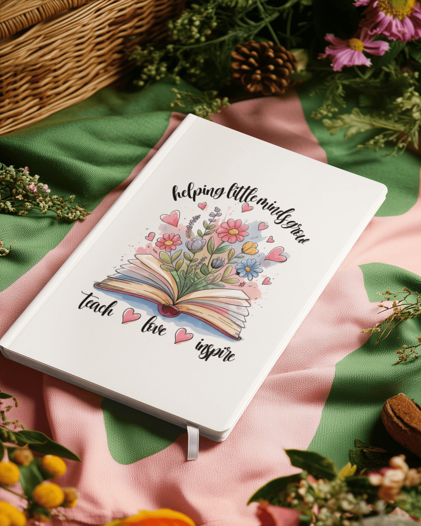 The Helping Little Minds Grow Hardcover Journal by Mirabilia Boutique features an open book with colorful flowers and hearts, plus the phrase "helping little minds grow"—a perfect teacher gift for inspiration.