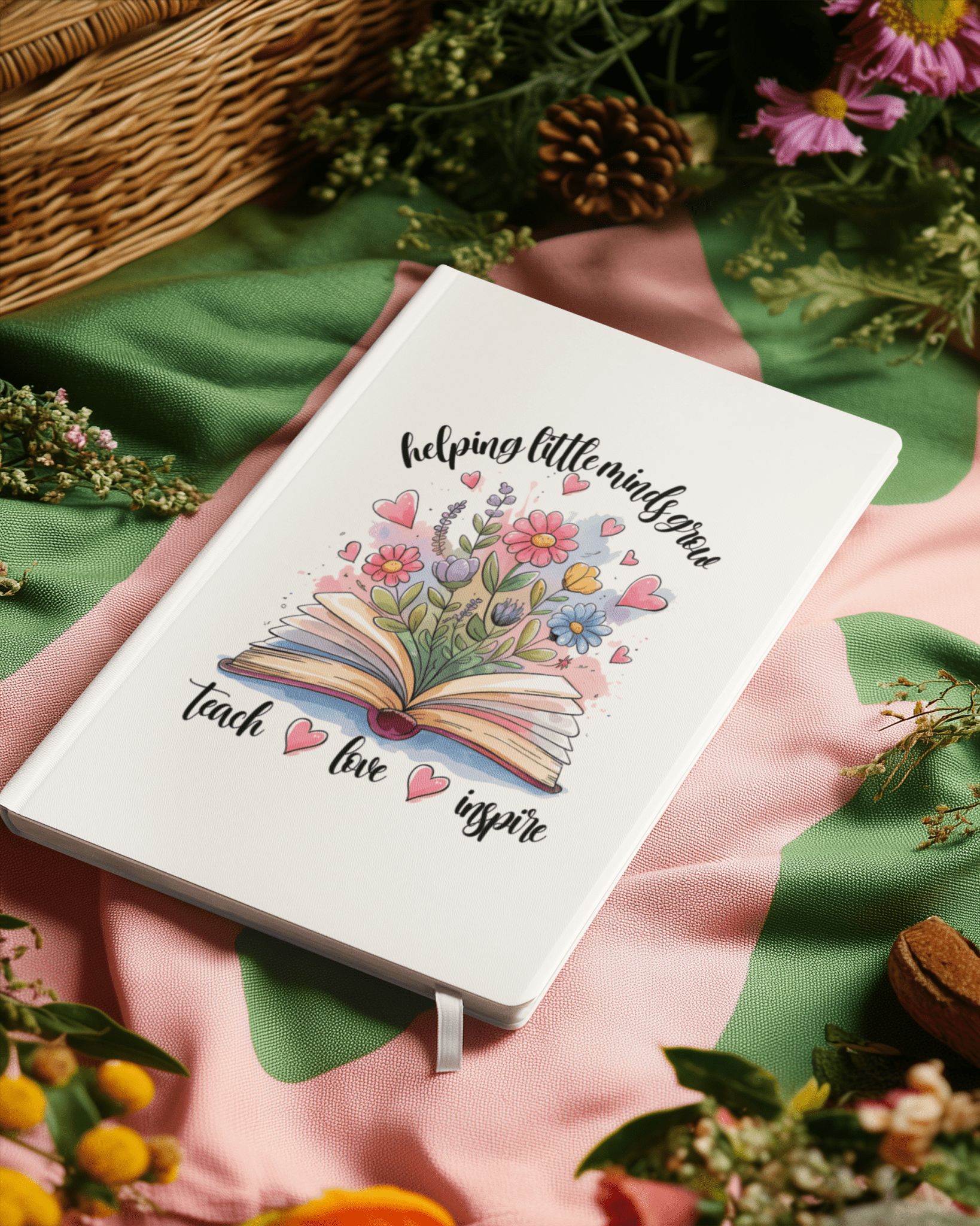 The Helping Little Minds Grow Hardcover Journal by Mirabilia Boutique features an open book with colorful flowers and hearts, plus the phrase "helping little minds grow"—a perfect teacher gift for inspiration.
