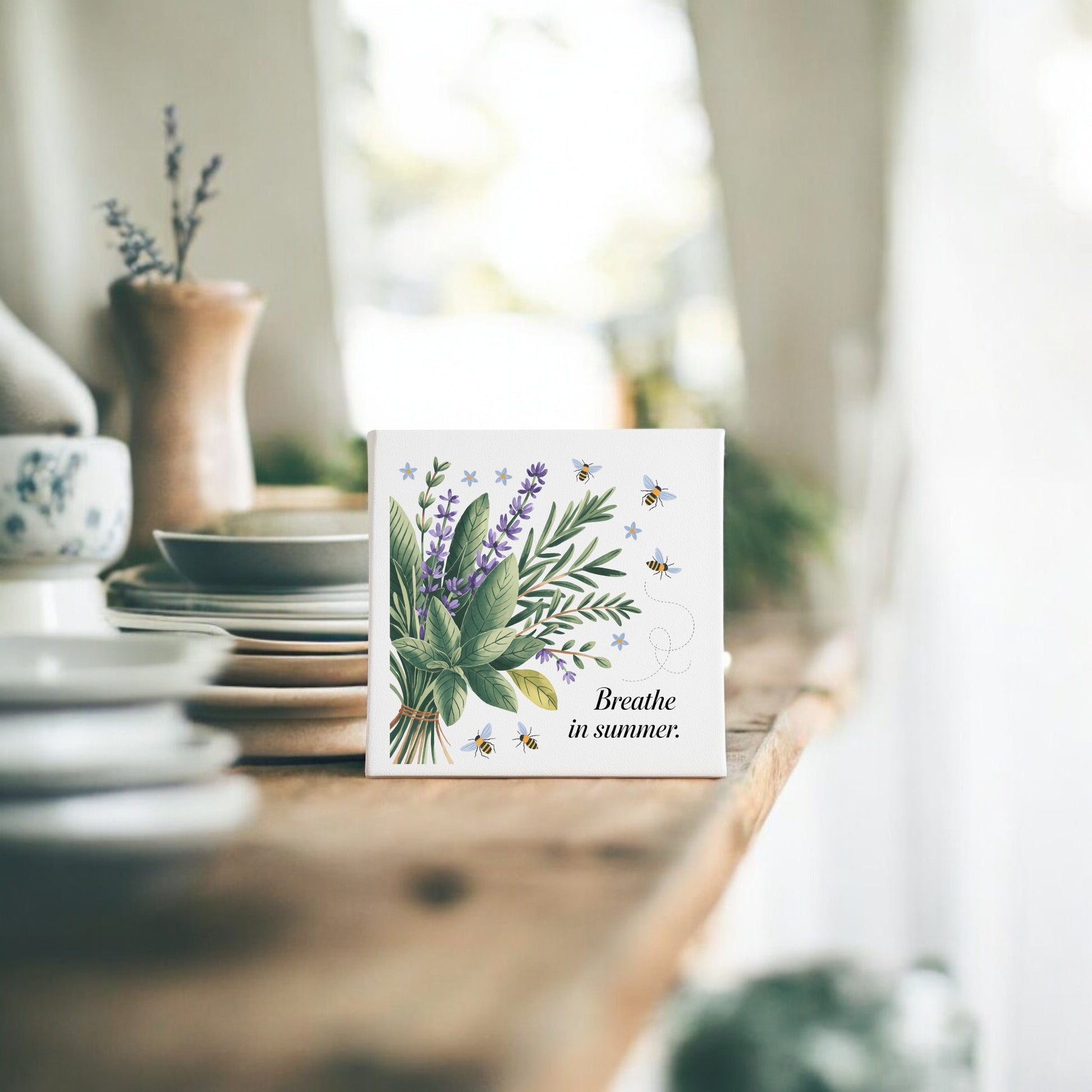 The Breathe in Summer Canvas – Botanical Calm & Gentle Bees by Mirabilia Boutique features calming herb and lavender art with bees, making it perfect nature-inspired wall decor for a cozy, rustic kitchen or living area.