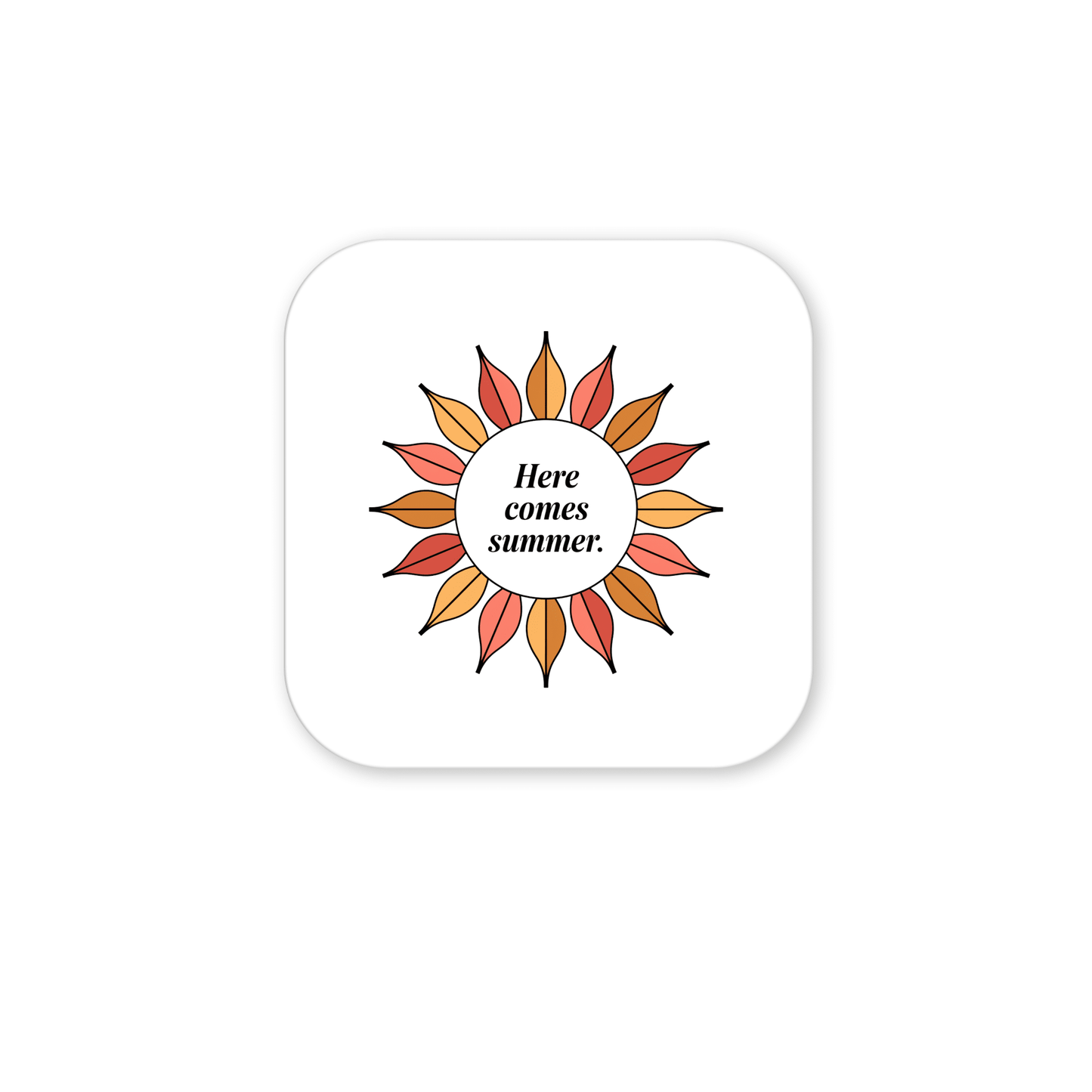The Here Comes Summer Magnet – Retro Sunburst Mini Art by Mirabilia Boutique features orange and yellow rays framing "Here comes summer" on a square white magnet with rounded corners.