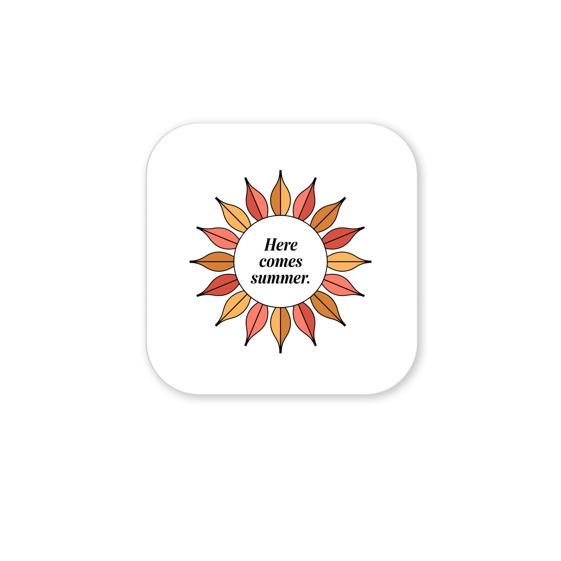 The Here Comes Summer Magnet – Retro Sunburst Mini Art by Mirabilia Boutique features orange and yellow rays framing "Here comes summer" on a square white magnet with rounded corners.